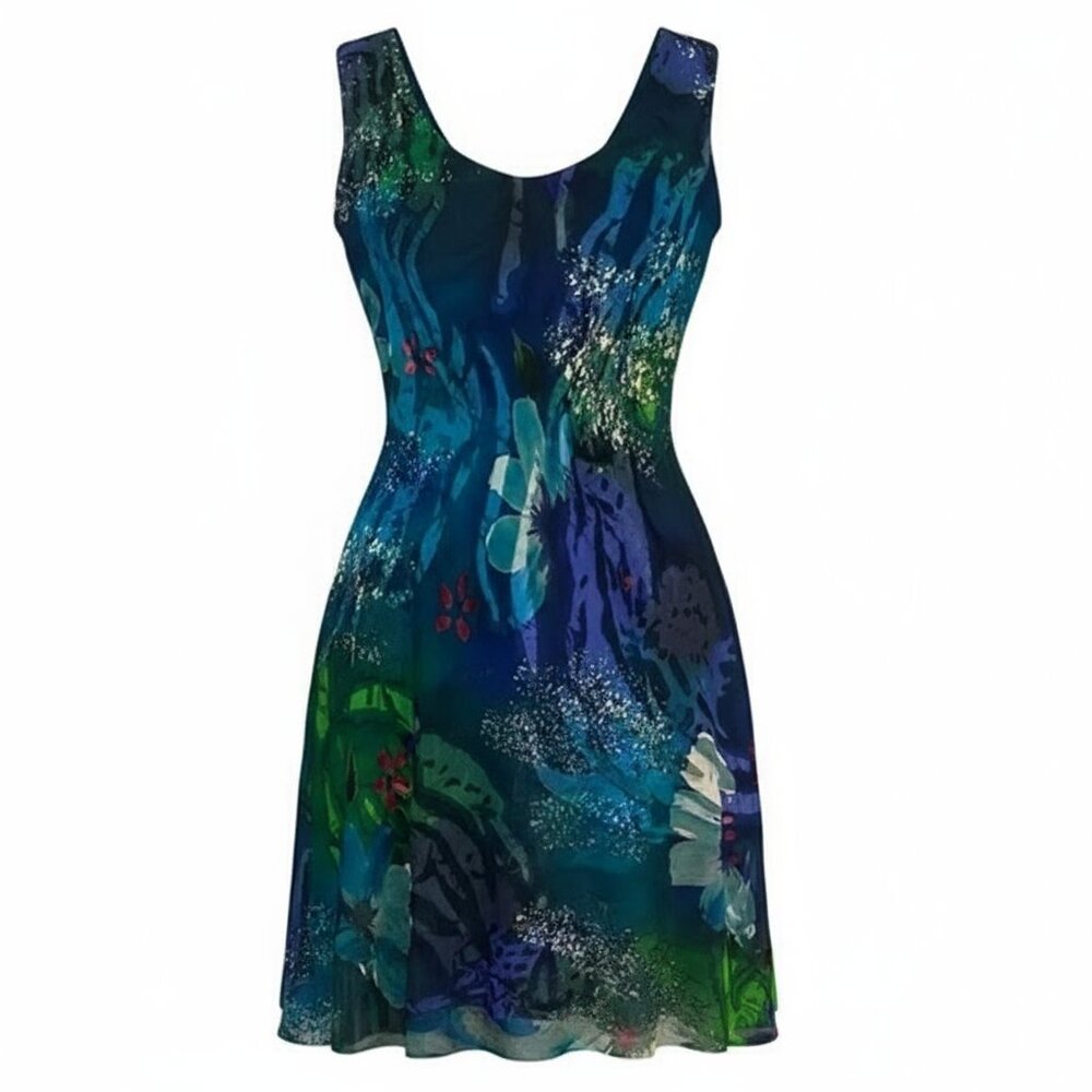 Vintage Elegant Multicolor Textured Silk Sleeveless Midi Dress - Picture 2 of 7